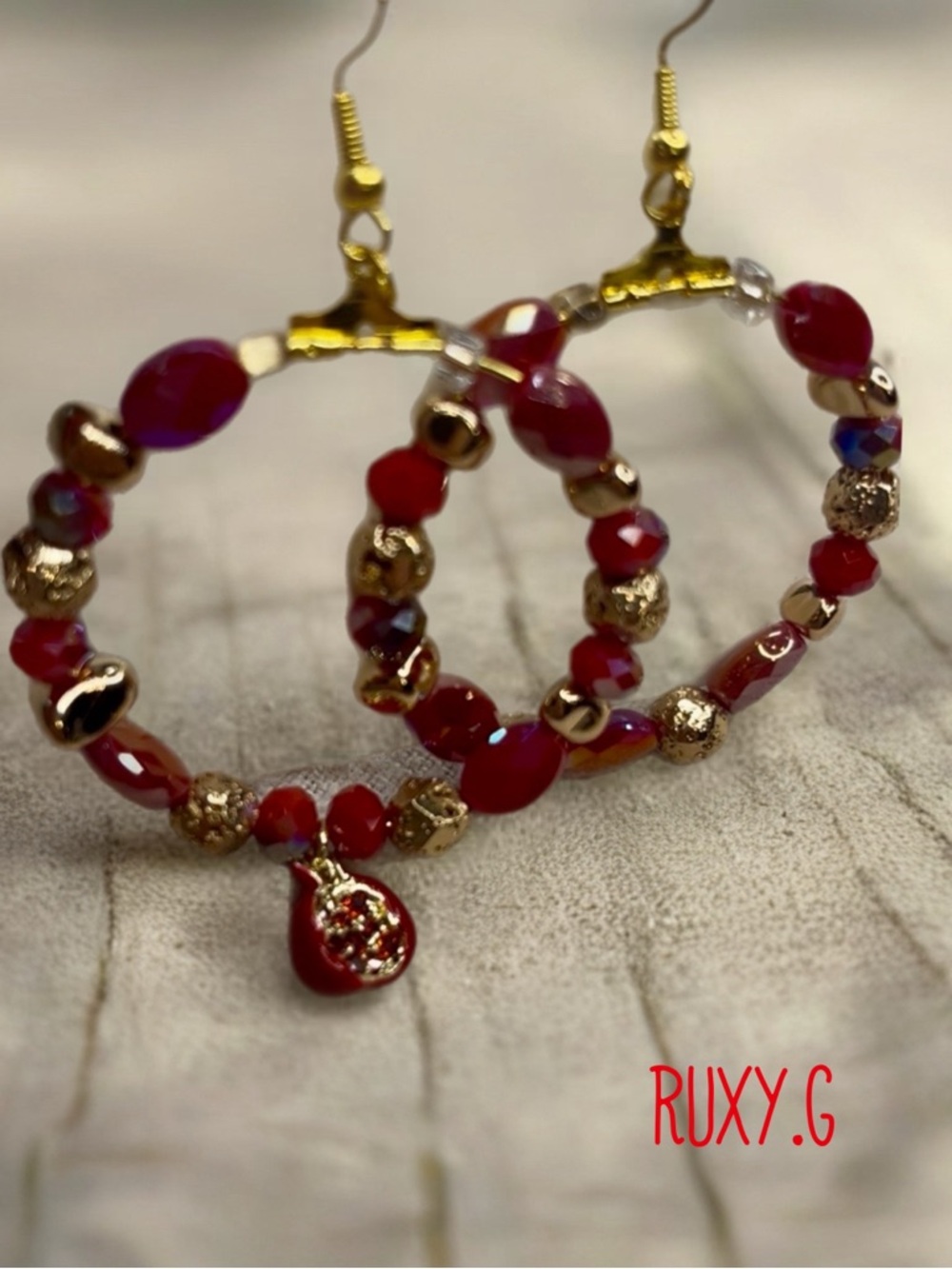 Red Beaded Hoop Earrings - Women's Jewelry w/ pomegranate charm - Picture 4 of 6